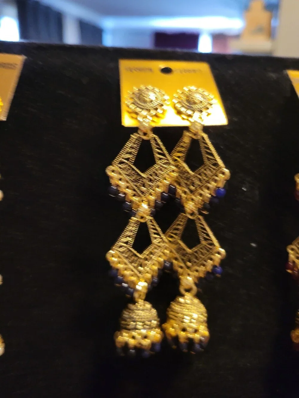 Gold Filigree Dangle Earrings with Black Bead Accents